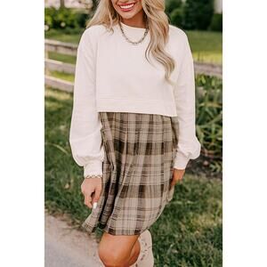 Beige Plaid Patchwork High Waist Sweatshirt Mini Dress